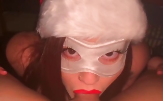 Exotic teen wearing her hat and a mask licking gigantic cock